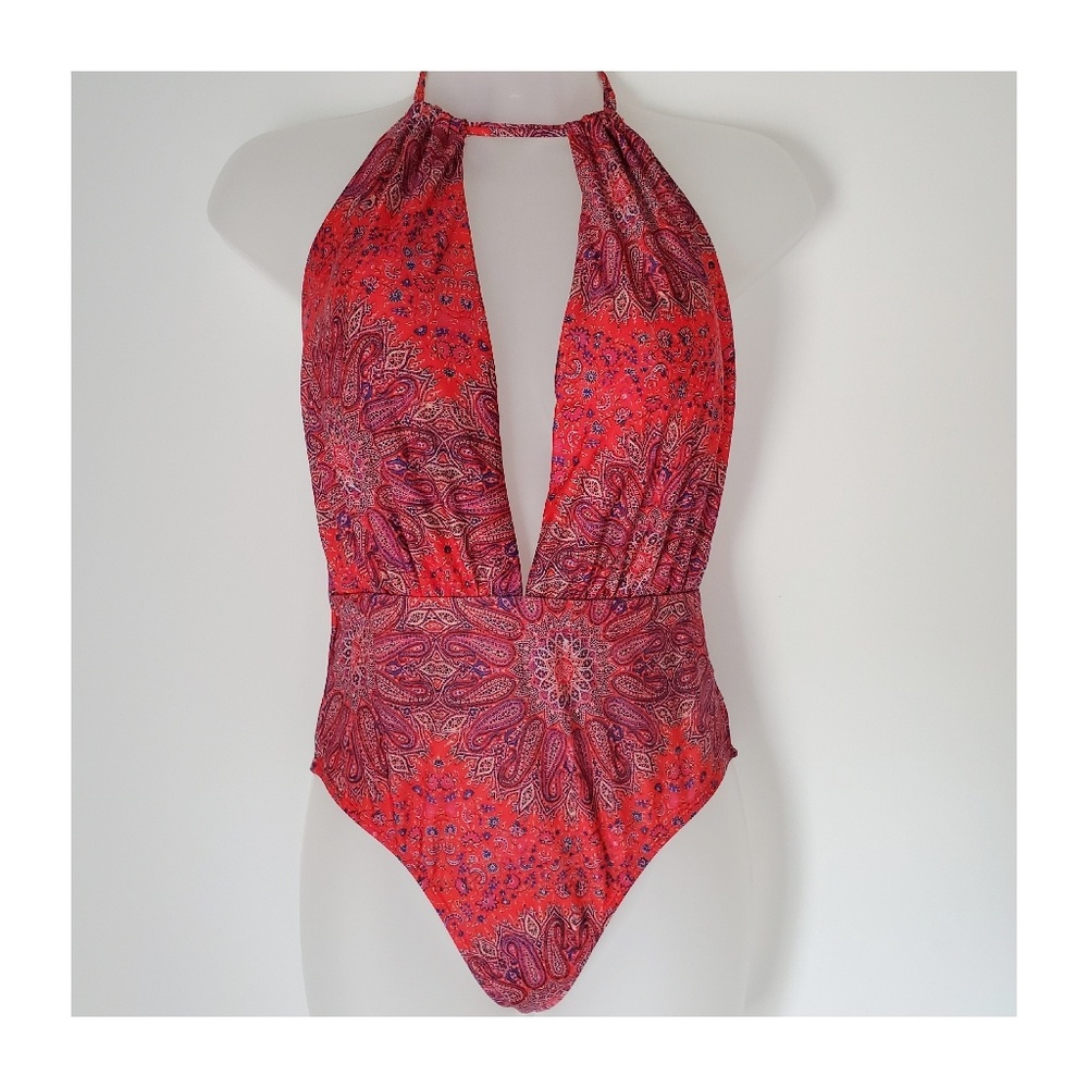 Boohoo Paisley Halter Low Back One Piece